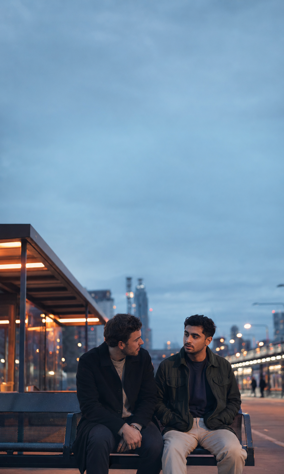 Two mates deep in conversation on a bench