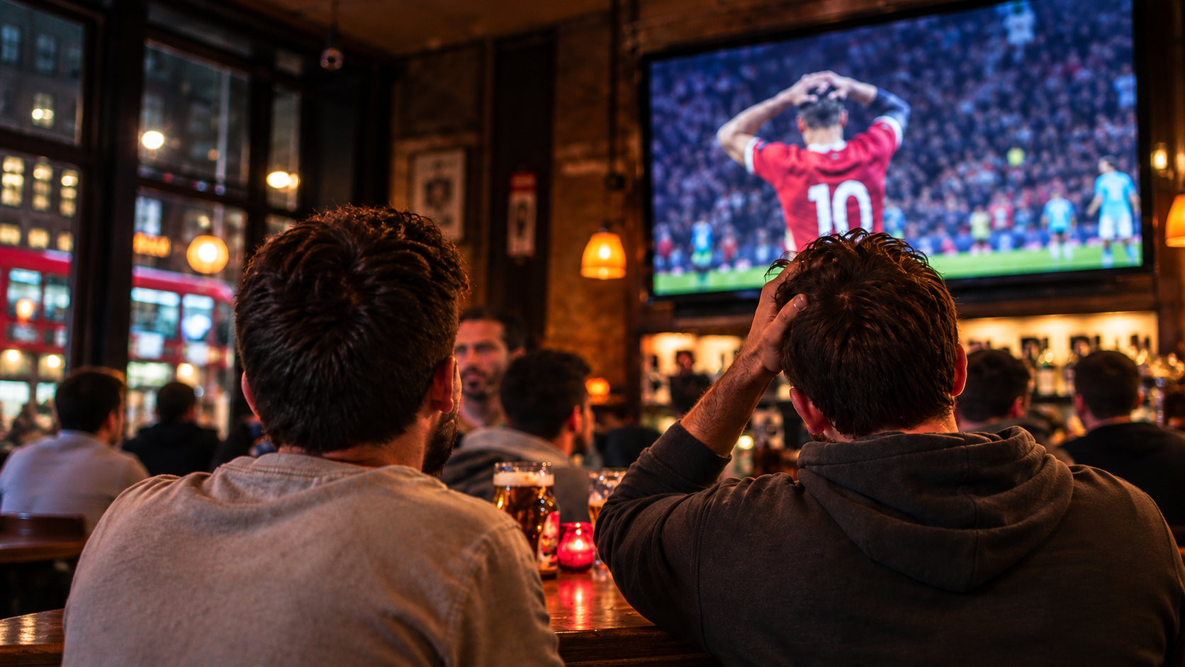 Two mates watching their football team at the pub