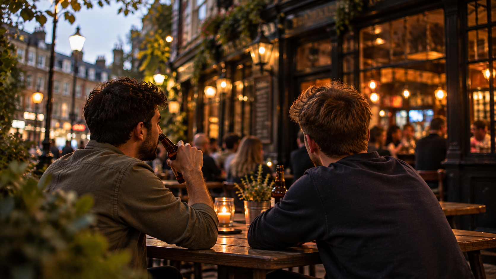 Two mates catching up outside a pub