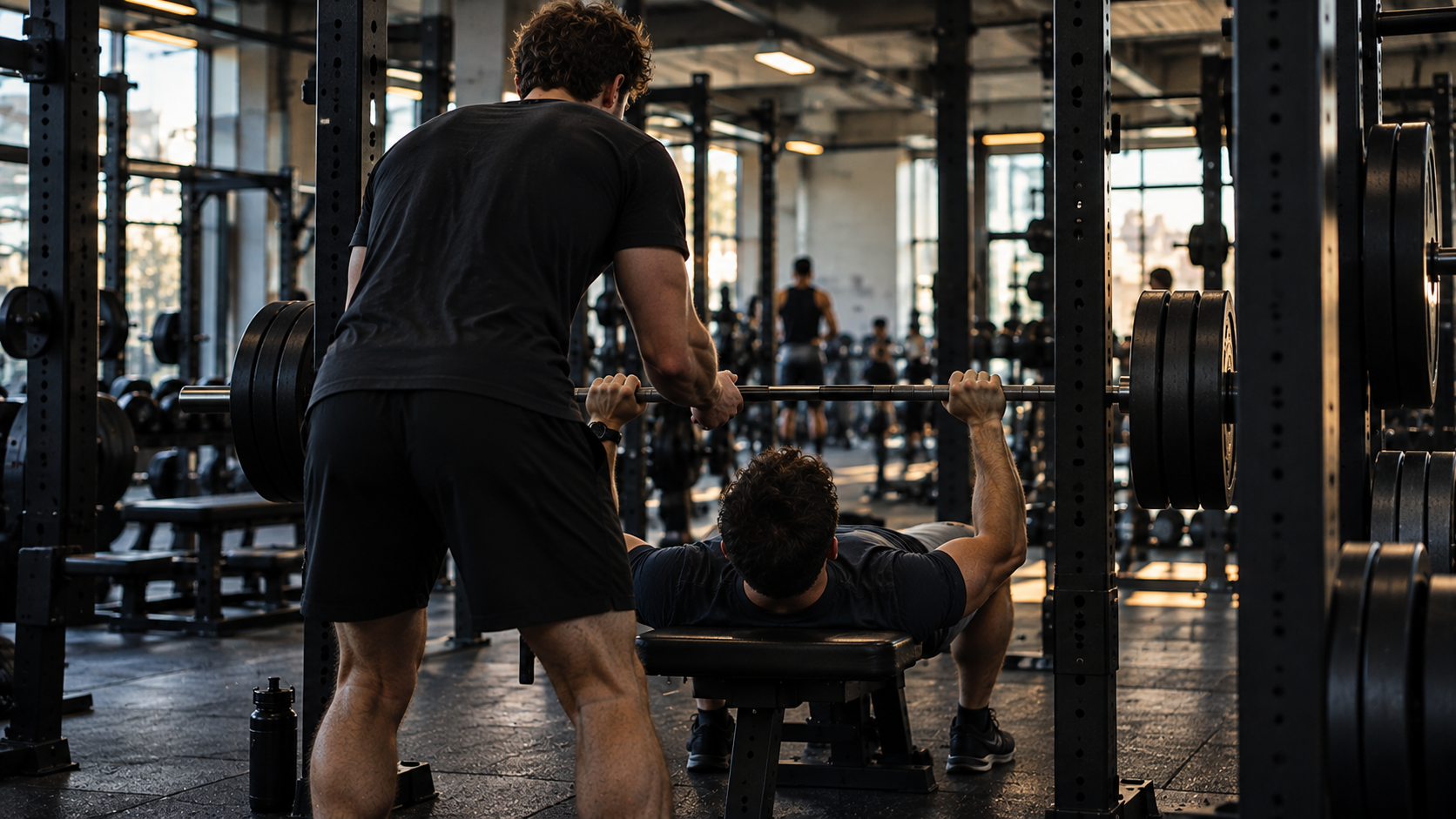 A mate spotting his friend on the bench press at the gym
